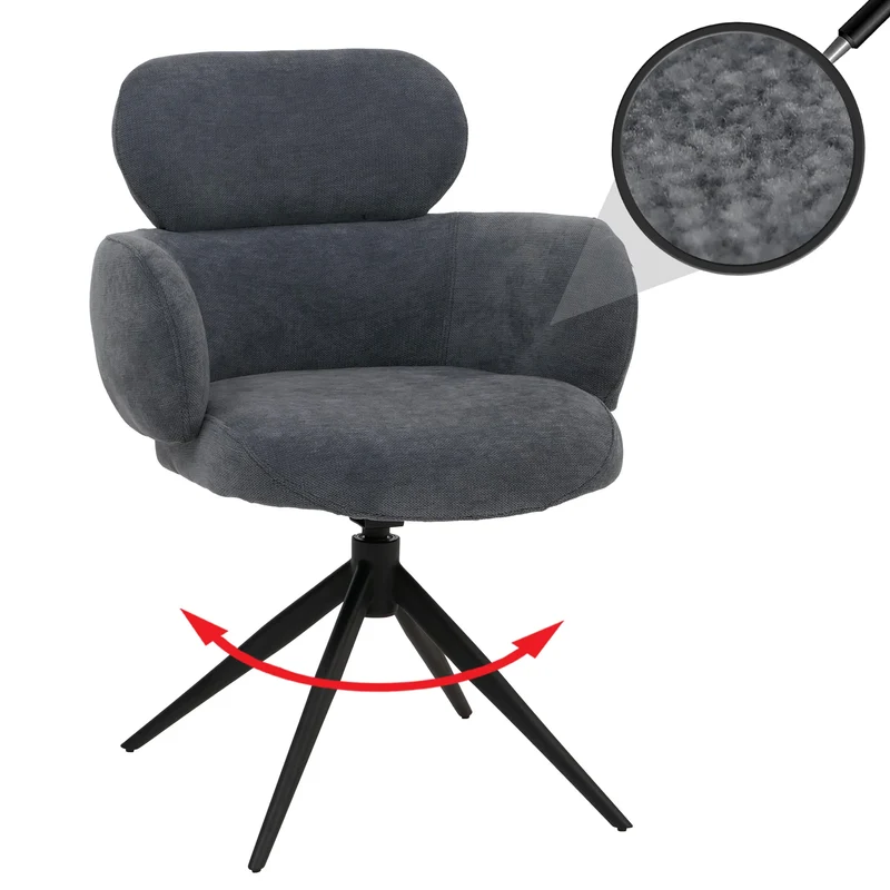 Chaise de salle à manger design contemporain pivotante avec fonction Auto-Return en tissu chenille bleu-gris 04_0009365