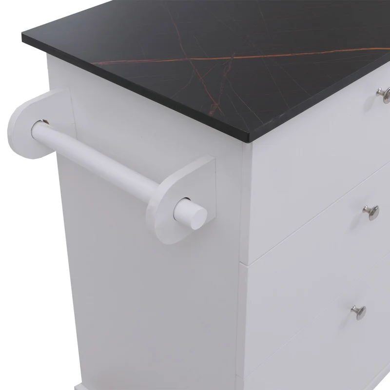 Îlot de cuisine avec 2 tabourets meuble de rangement avec 4 tiroirs et 2 portes 90x131x47 cm blanc et aspect marbre noir 04_0008788