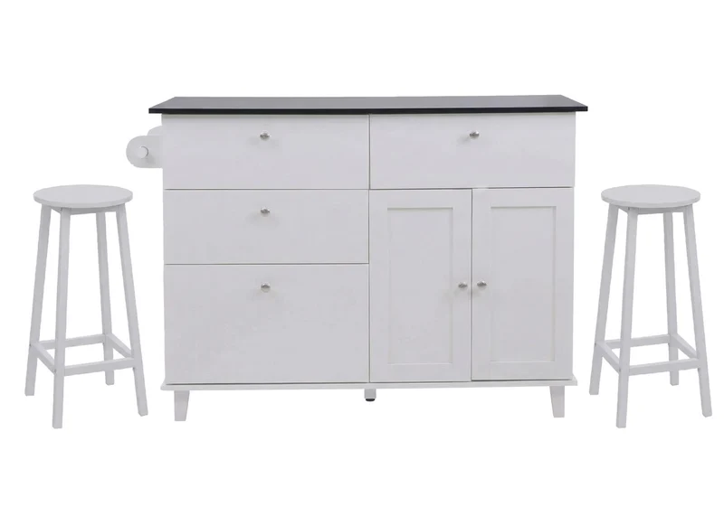 Îlot de cuisine avec 2 tabourets meuble de rangement avec 4 tiroirs et 2 portes 90x131x47 cm blanc et aspect marbre noir 04_0008788