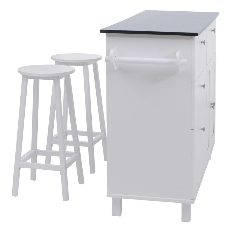 Îlot de cuisine avec 2 tabourets meuble de rangement avec 4 tiroirs et 2 portes 90x131x47 cm blanc et aspect marbre noir 04_0008788