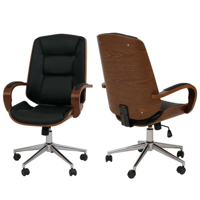 Fauteuil de bureau sur roulettes pivotant avec accoudoirs en simili cuir noir avec structure en bois courbé finition noyer 04_0009101