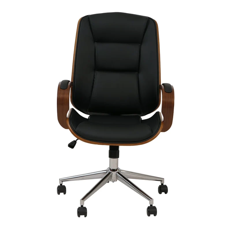 Fauteuil de bureau sur roulettes pivotant avec accoudoirs en simili cuir noir avec structure en bois courbé finition noyer 04_0009101