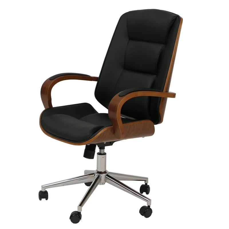 Fauteuil de bureau sur roulettes pivotant avec accoudoirs en simili cuir noir avec structure en bois courbé finition noyer 04_0009101