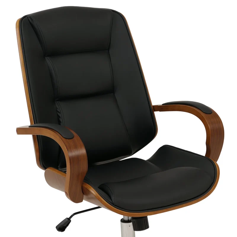Fauteuil de bureau sur roulettes pivotant avec accoudoirs en simili cuir noir avec structure en bois courbé finition noyer 04_0009101