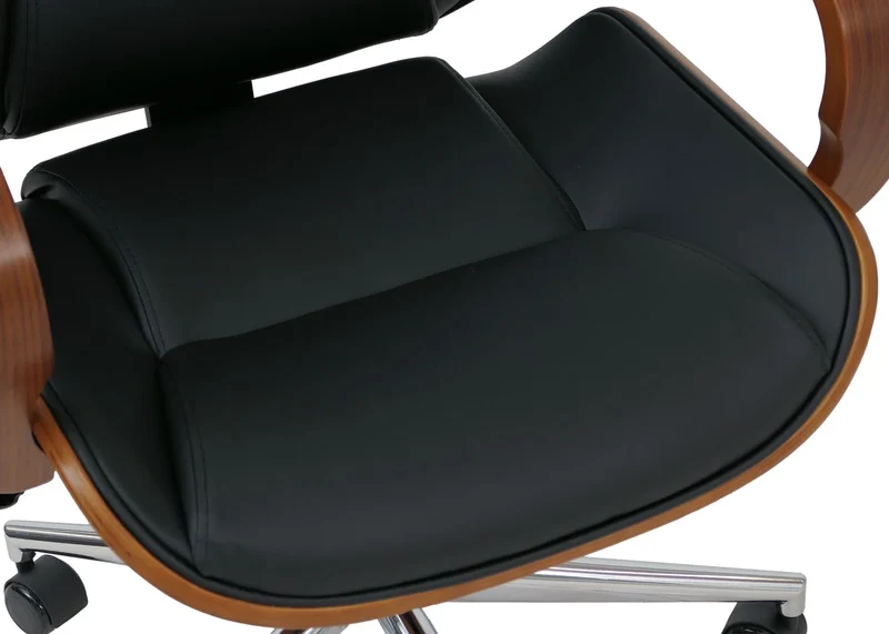 Fauteuil de bureau sur roulettes pivotant avec accoudoirs en simili cuir noir avec structure en bois courbé finition noyer 04_0009101