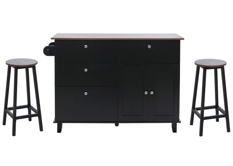 Îlot de cuisine avec 2 tabourets meuble de rangement avec 4 tiroirs et 2 portes 90x131x47 cm noir et bois clair 04_0008787