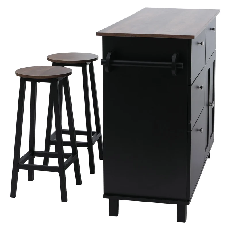 Îlot de cuisine avec 2 tabourets meuble de rangement avec 4 tiroirs et 2 portes 90x131x47 cm noir et bois clair 04_0008787