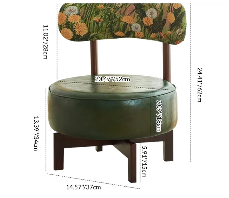 Traditional Vintage Round Rubberwood Faux Oil-Waxed Leather Sponge Swivel Accent Chair Backrest Armless For Living Room