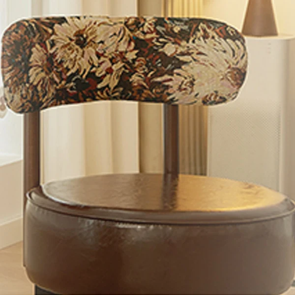 Traditional Vintage Round Rubberwood Faux Oil-Waxed Leather Sponge Swivel Accent Chair Backrest Armless For Living Room