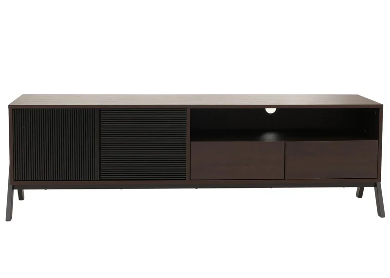 Meuble TV avec 2 tiroirs portes structurées et rangement 48 x 155 x 40 cm finition noyer MDF et métal 04_0009208