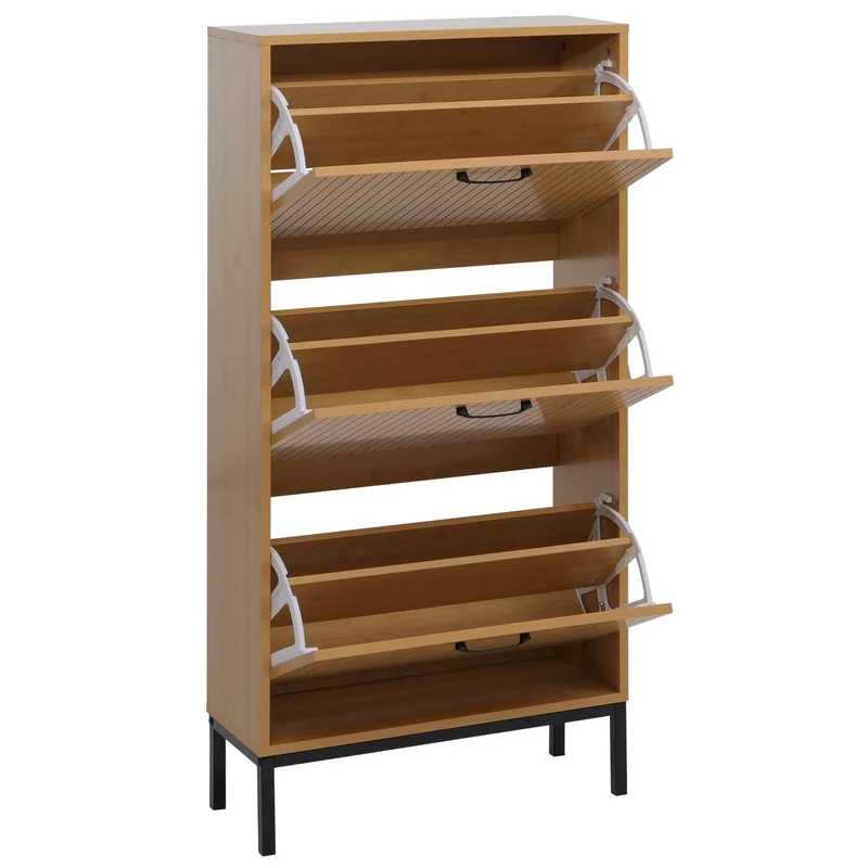 Meuble à chaussures 3 abattants en finition bambou armoire à chaussures 125x60x25 cm avec pieds métal 04_0008843