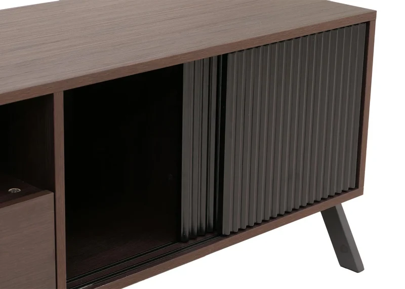 Meuble TV bas en finition noyer 120 cm avec porte coulissante tiroir et rangements structure métal 04_0009221