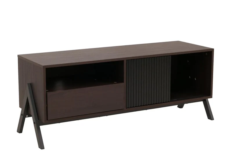 Meuble TV bas en finition noyer 120 cm avec porte coulissante tiroir et rangements structure métal 04_0009221