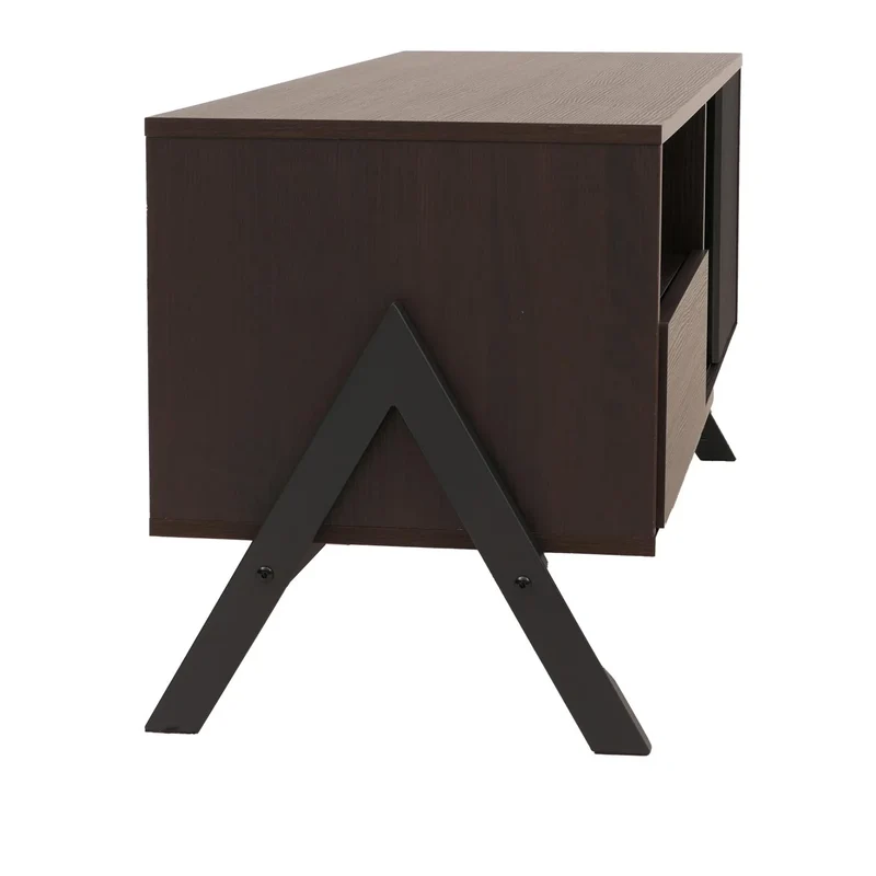 Meuble TV bas en finition noyer 120 cm avec porte coulissante tiroir et rangements structure métal 04_0009221
