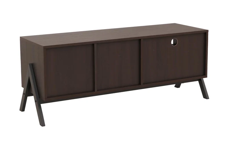 Meuble TV bas en finition noyer 120 cm avec porte coulissante tiroir et rangements structure métal 04_0009221