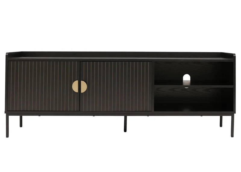 Meuble TV 2 portes compartiment ouvert et passe-câbles 56x150x40cm en bois noir avec façades à lamelles 04_0009433