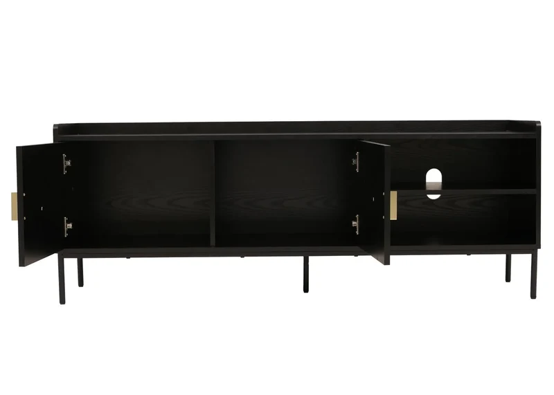 Meuble TV 2 portes compartiment ouvert et passe-câbles 56x150x40cm en bois noir avec façades à lamelles 04_0009433