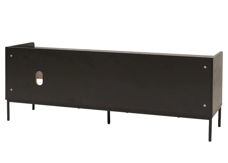 Meuble TV 2 portes compartiment ouvert et passe-câbles 56x150x40cm en bois noir avec façades à lamelles 04_0009433