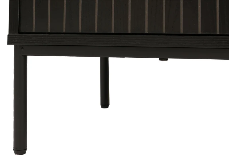 Meuble TV 2 portes compartiment ouvert et passe-câbles 56x150x40cm en bois noir avec façades à lamelles 04_0009433