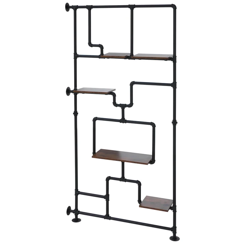 Bibliothèque séparateur de pièce style industriel 203x100x20 cm en métal et MDF mélaminé coloris marron foncé 04_0008764