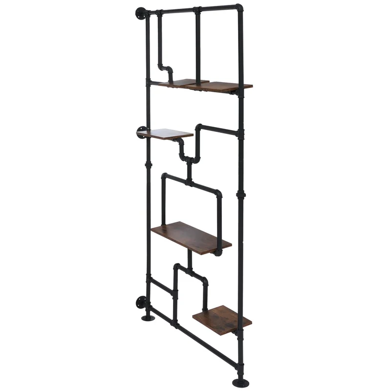 Bibliothèque séparateur de pièce style industriel 203x100x20 cm en métal et MDF mélaminé coloris marron foncé 04_0008764