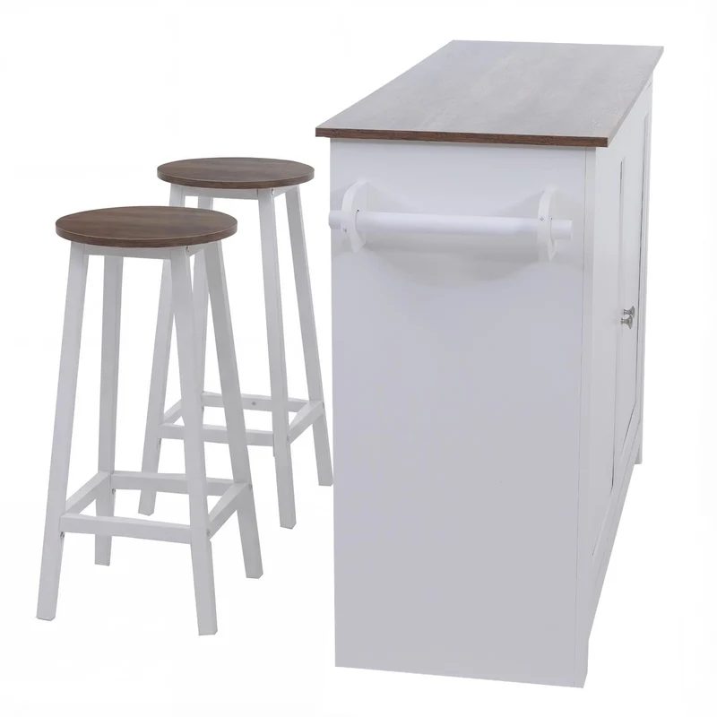 Îlot de cuisine avec 2 tabourets placard de rangement et tiroir 90x120x45 cm blanc et bois foncé 04_0008782