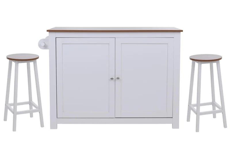 Îlot de cuisine avec 2 tabourets placard de rangement et espaces de stockage 90x120x45 cm blanc et bois clair 04_0008783