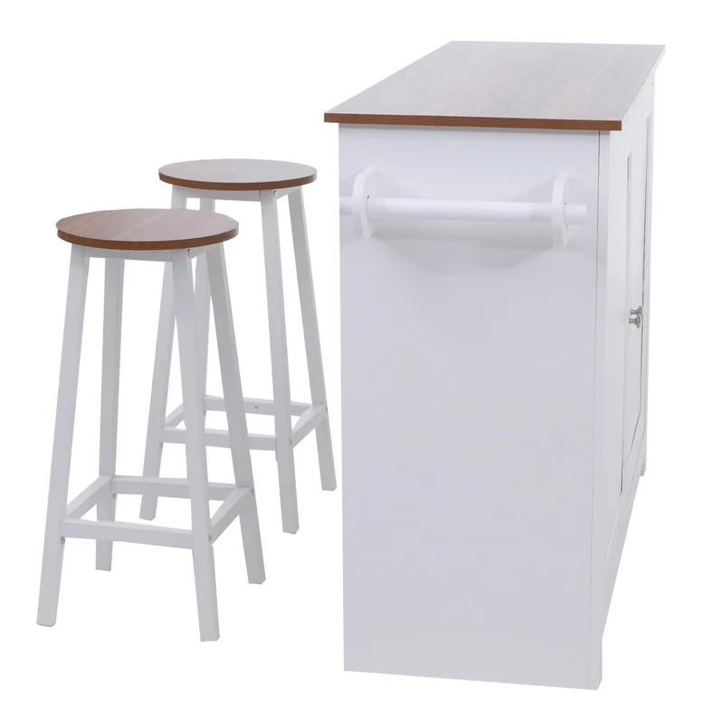 Îlot de cuisine avec 2 tabourets placard de rangement et espaces de stockage 90x120x45 cm blanc et bois clair 04_0008783