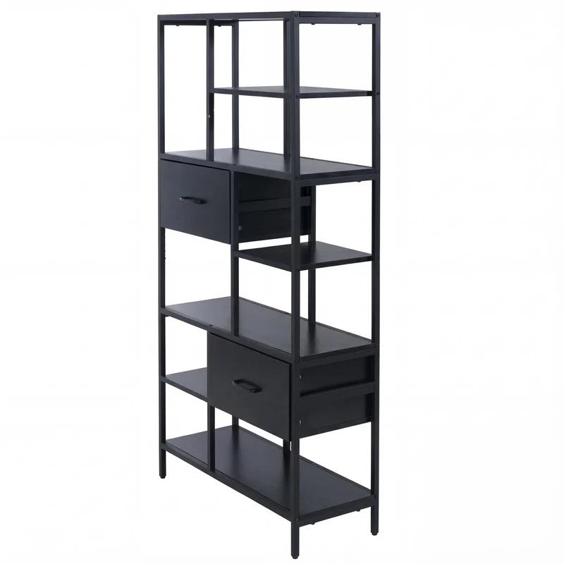 Bibliothèque industrielle avec tiroirs étagère sur pied 150x81x33 cm en MDF et métal noir 04_0008784