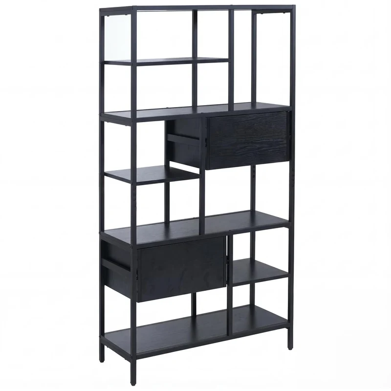 Bibliothèque industrielle avec tiroirs étagère sur pied 150x81x33 cm en MDF et métal noir 04_0008784