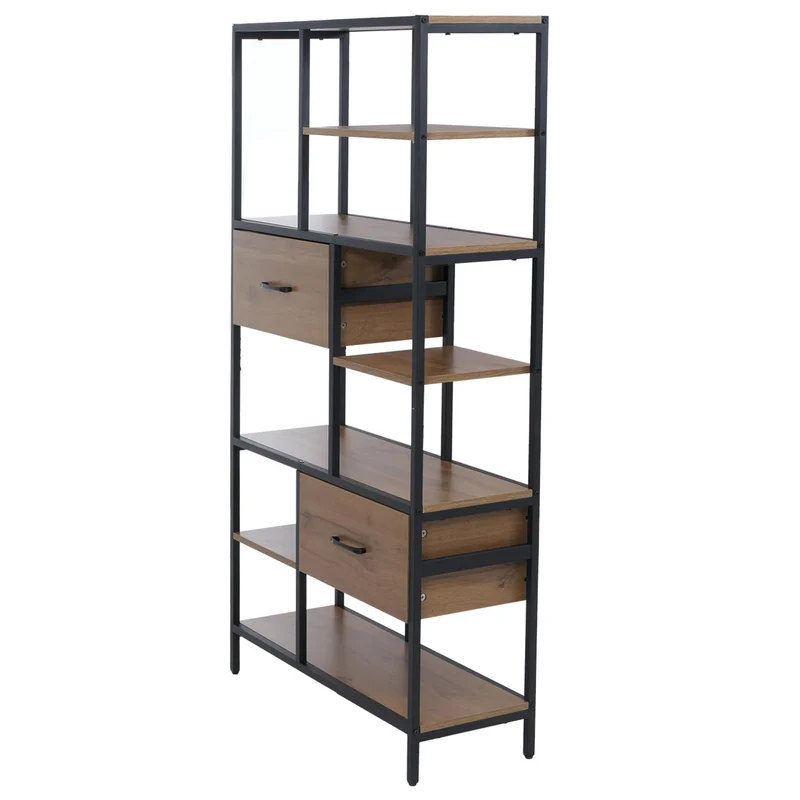 Bibliothèque industrielle avec tiroirs étagère de rangement 150x81x33 cm en MDF marron et métal 04_0008786
