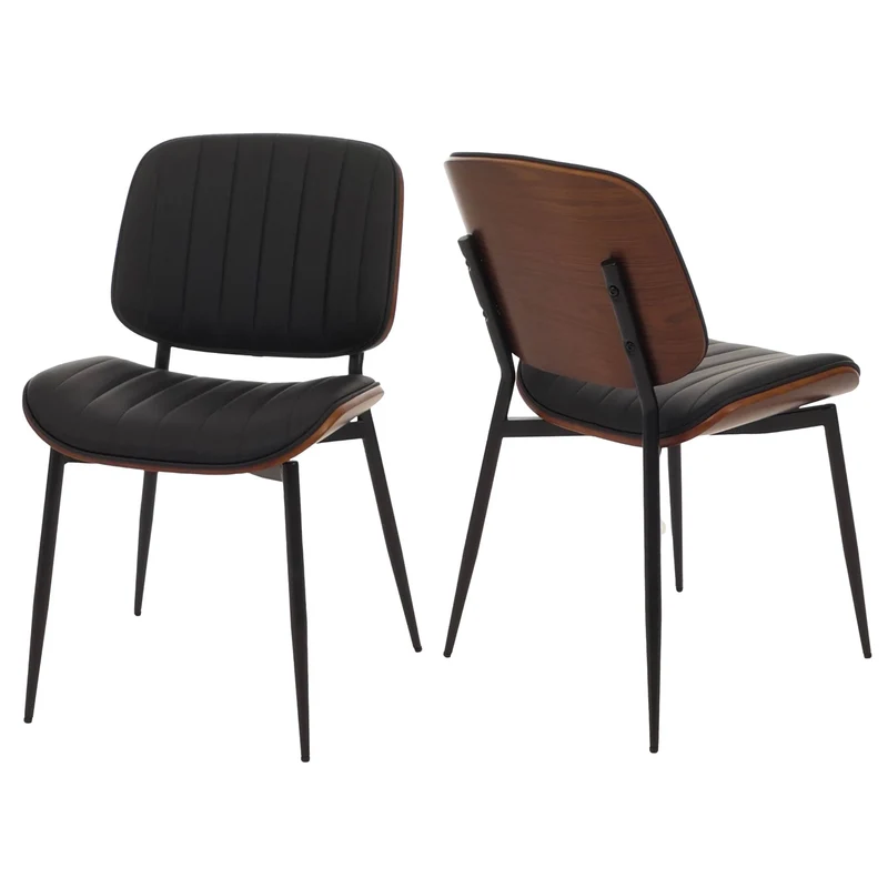Lot de 2 chaises de salle à manger en bois courbé finition noyer et simili cuir noir avec surpiqûres verticales décoratives design moderne et élégant 04_0009480