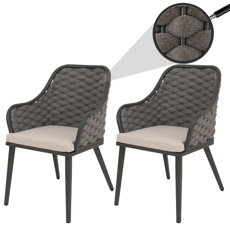 Lot de 2 chaises de jardin avec tressage épais et coussins taupe style moderne en aluminium anthracite 04_0009593