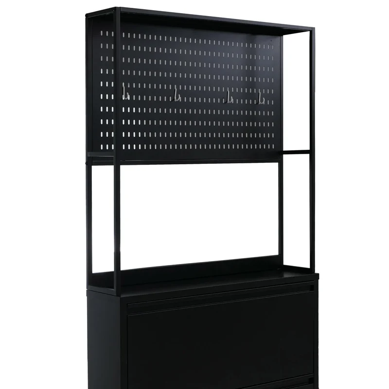 Meuble à chaussures avec 3 compartiments basculants armoire à chaussures avec étagère et crochets 201x80x20 cm en métal noir 04_0008882