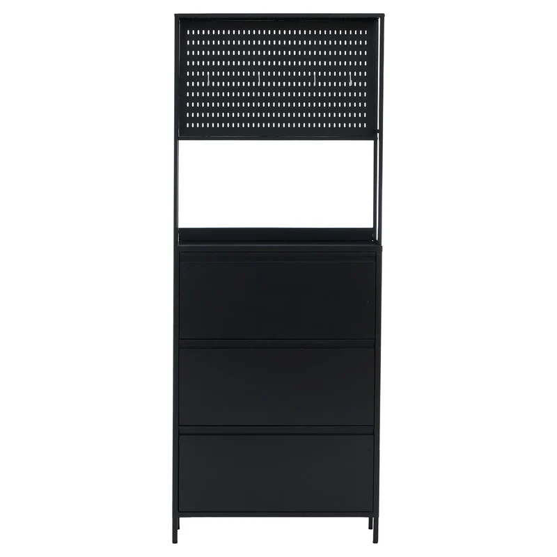 Meuble à chaussures avec 3 compartiments basculants armoire à chaussures avec étagère et crochets 201x80x20 cm en métal noir 04_0008882