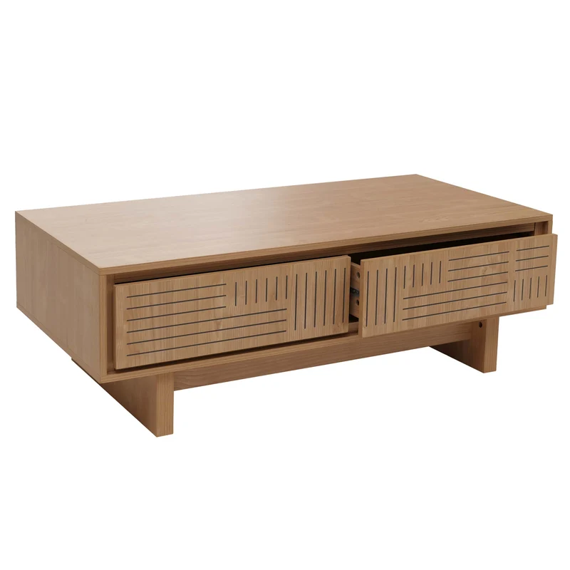 Table basse rectangulaire moderne avec 2 tiroirs et 2 espaces de rangement 40 x 120 x 60 cm en mélaminé naturel 04_0009386