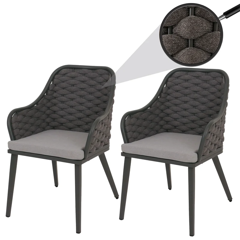 Lot de 2 chaises de jardin avec tressage épais et coussins gris clair style moderne en aluminium gris foncé 04_0009594
