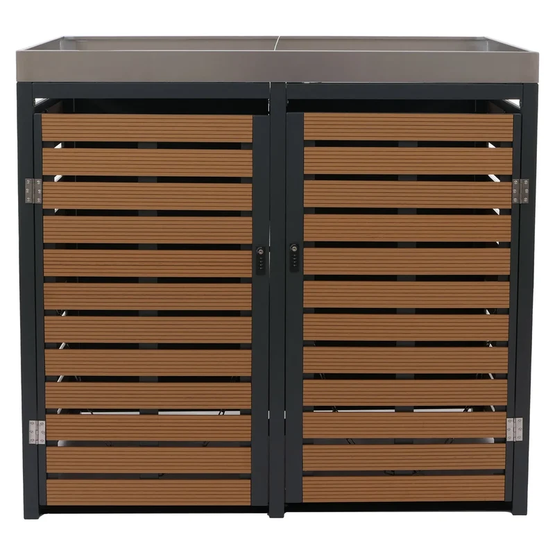Cache-poubelles double avec bac à plantes intégré 124x134x84 cm WPC et acier inoxydable finition teck 04_0008998