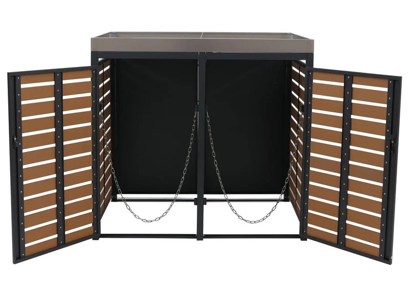 Cache-poubelles double avec bac à plantes intégré 124x134x84 cm WPC et acier inoxydable finition teck 04_0008998