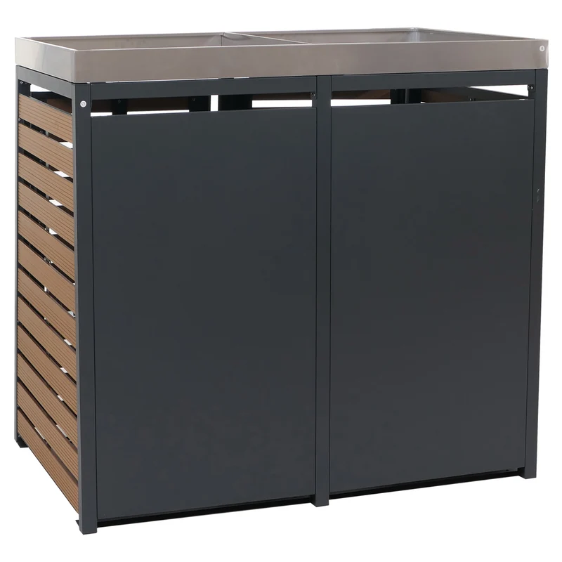 Cache-poubelles double avec bac à plantes intégré 124x134x84 cm WPC et acier inoxydable finition teck 04_0008998