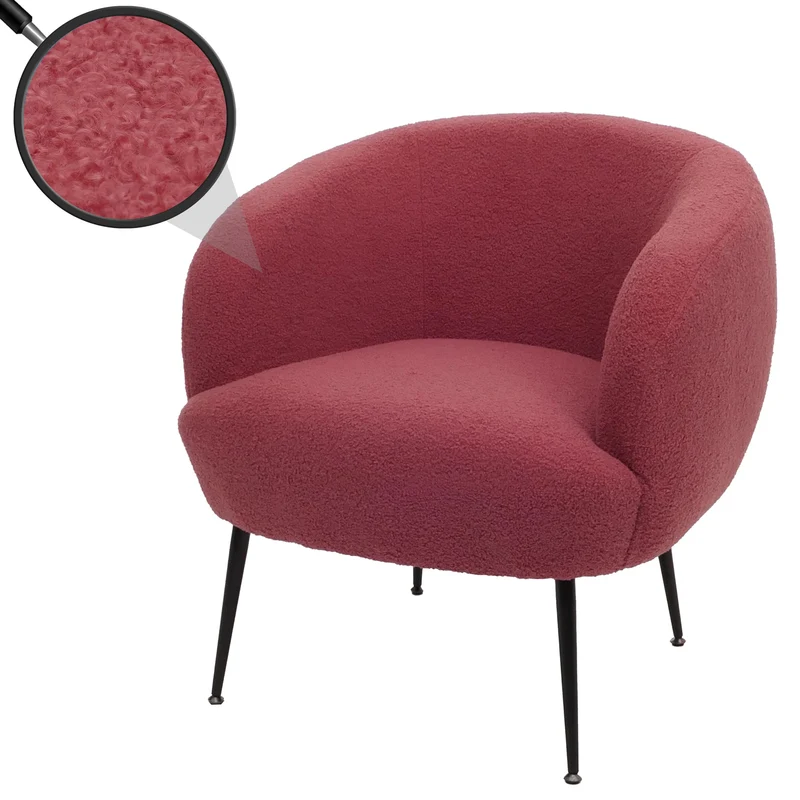 Fauteuil lounge dossier enveloppant et design arrondi en tissu bouclé rouge pourpre avec pieds métal 04_0009484