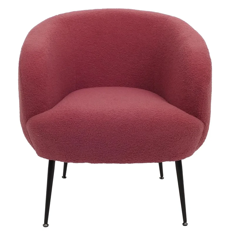 Fauteuil lounge dossier enveloppant et design arrondi en tissu bouclé rouge pourpre avec pieds métal 04_0009484