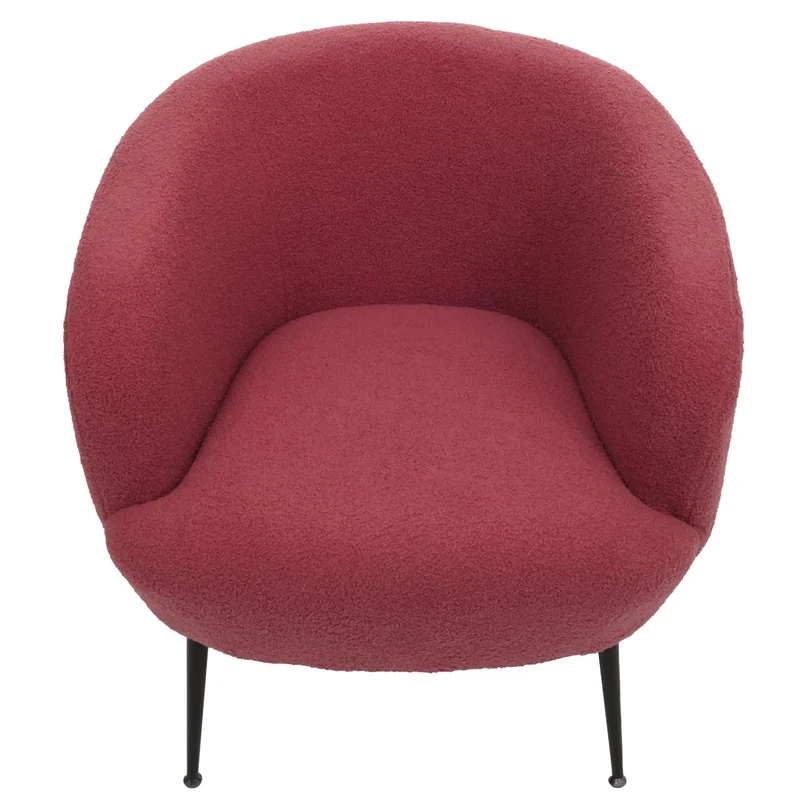 Fauteuil lounge dossier enveloppant et design arrondi en tissu bouclé rouge pourpre avec pieds métal 04_0009484