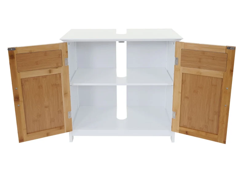 Ensemble de meubles de salle de bain en bambou blanc avec colonne commode et meuble sous-vasque 04_0011309
