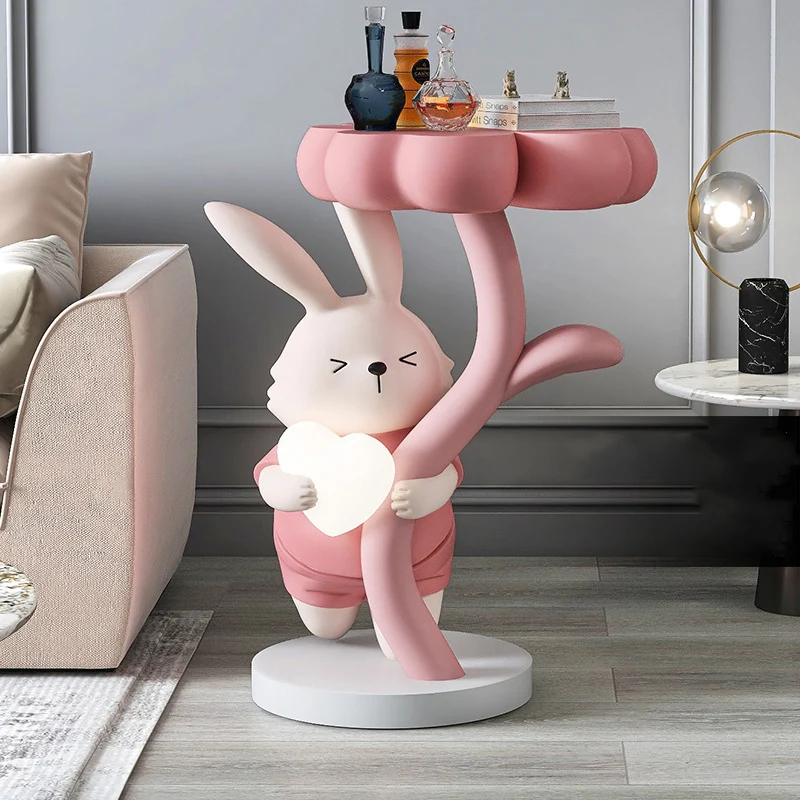 Modern Art Deco Resin Clover Cartoon Rabbit End Table 1-Tier For Living Room