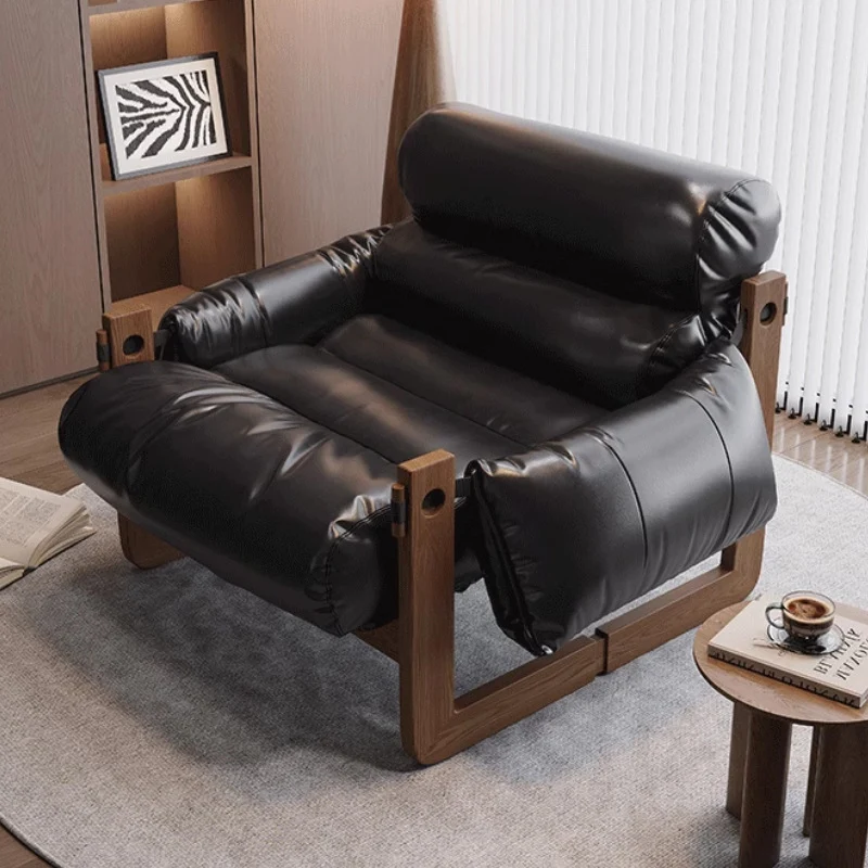 Traditional Chinese Faux Oil-Wax Leather Wood Curved Square Accent Chair With Backrest & Armrest For Living Room