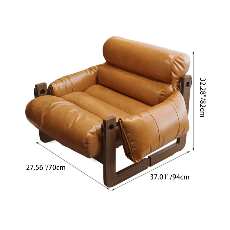Traditional Chinese Faux Oil-Wax Leather Wood Curved Square Accent Chair With Backrest & Armrest For Living Room