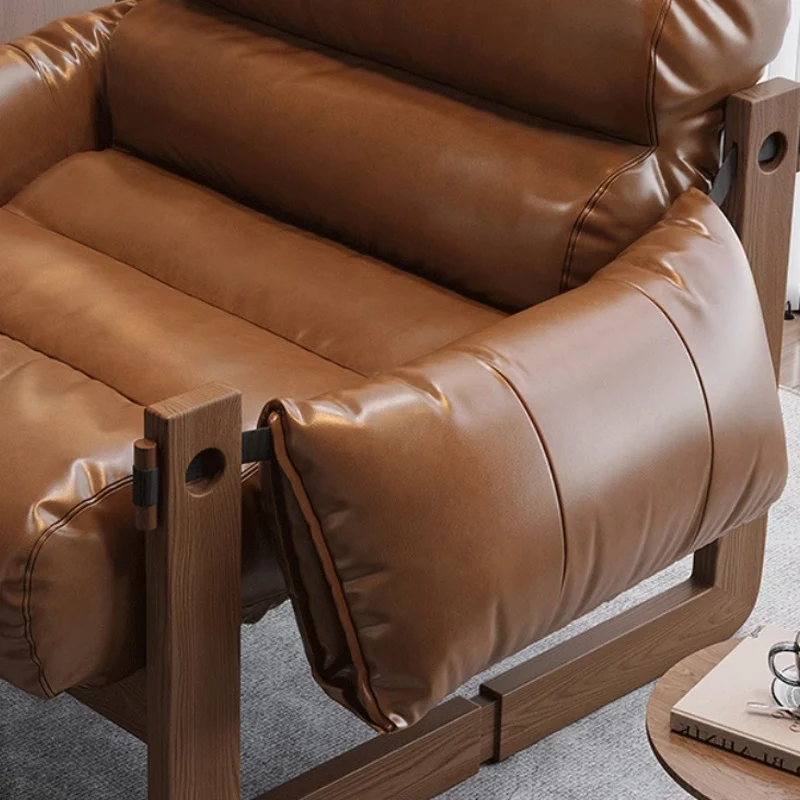 Traditional Chinese Faux Oil-Wax Leather Wood Curved Square Accent Chair With Backrest & Armrest For Living Room