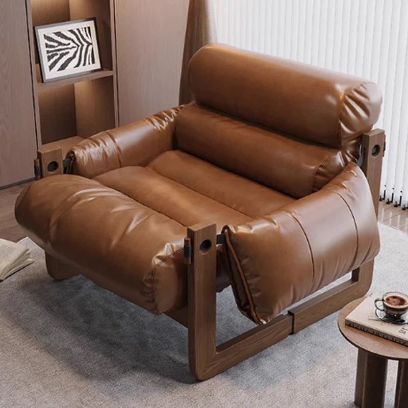 Traditional Chinese Faux Oil-Wax Leather Wood Curved Square Accent Chair With Backrest & Armrest For Living Room