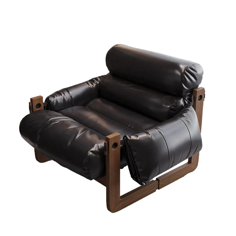 Traditional Chinese Faux Oil-Wax Leather Wood Curved Square Accent Chair With Backrest & Armrest For Living Room